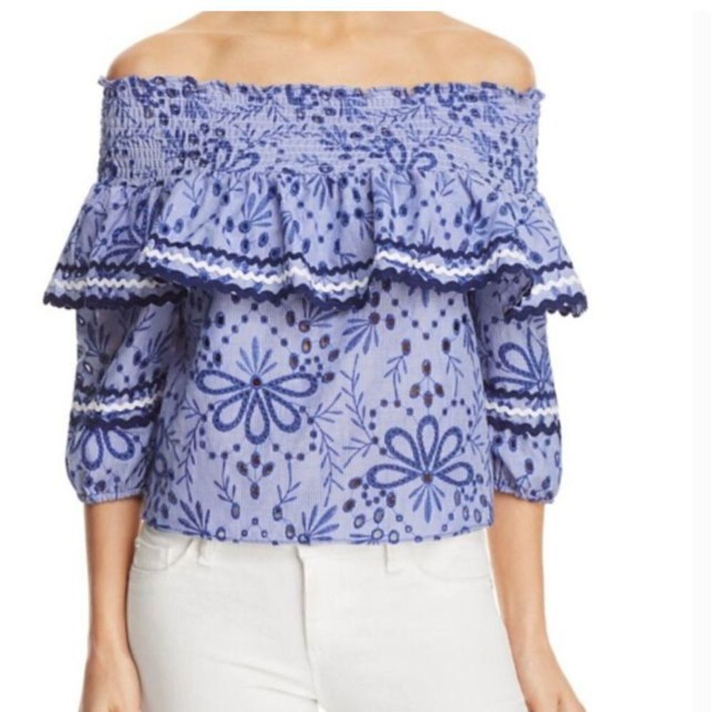 Red Carter smocked Rick rack off the shoulder S flowy ruffle blouse
